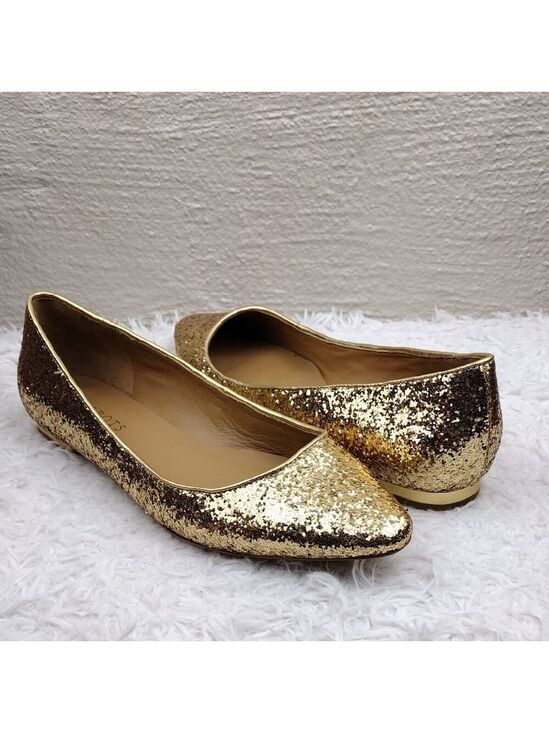 Talbots Shoes - Talbots Gold Glitter Metallic Closed Almond Toe Slip On Leather Lined Flat Shoe